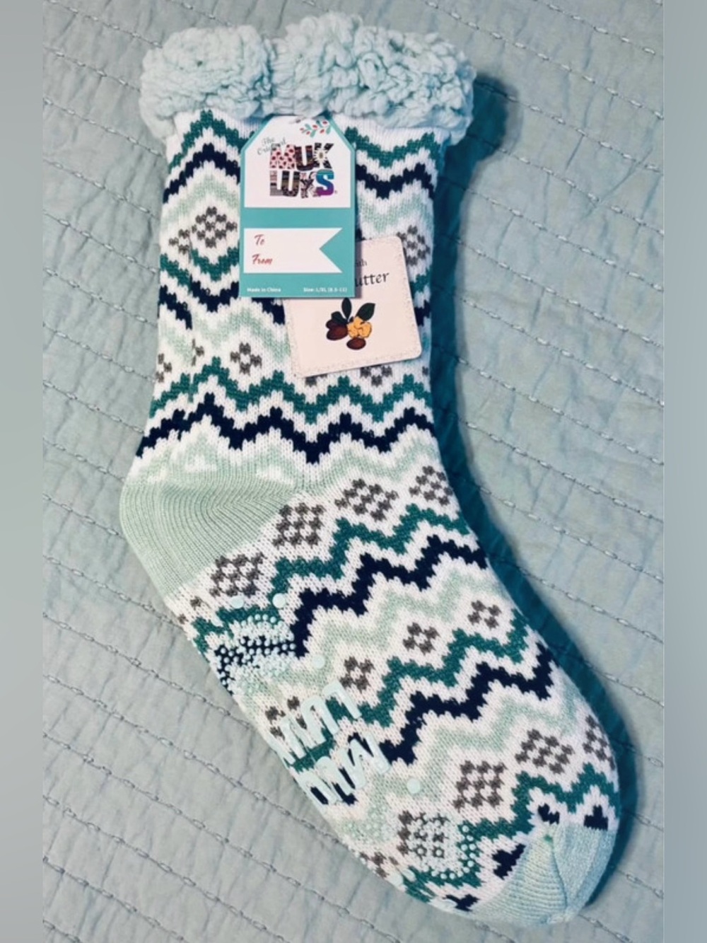 Muk Luks Sherpa Cabin Socks - Aqua, Teal, Navy Chevron Design L / XL 8.5 - 11